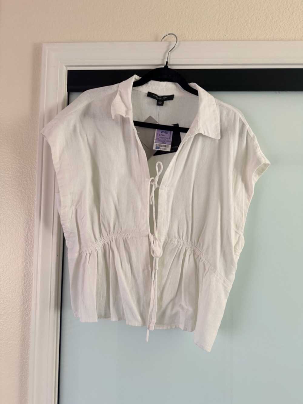 White Tie-Front Short Sleeve Blouse